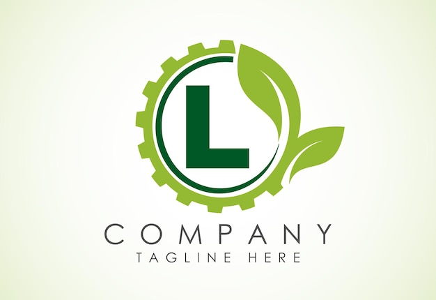 English alphabet L with gear and leaf Eco technology logo Green eco tech logo template design vector Nature Industry