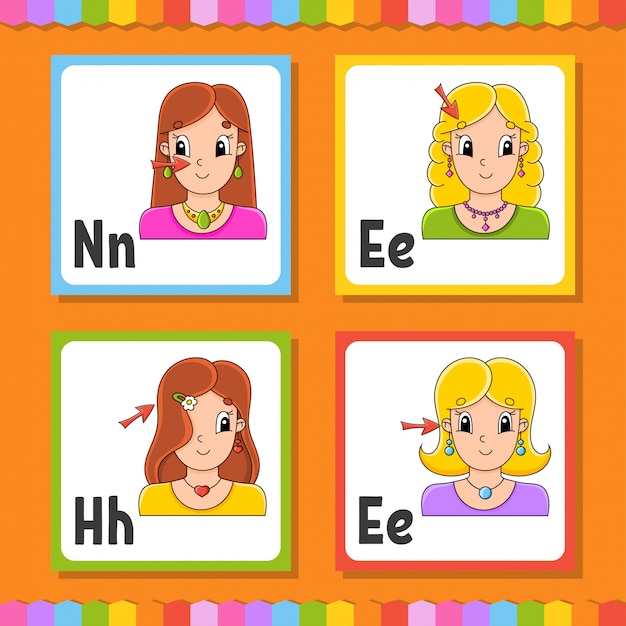 English alphabet. letter n, e, h. abc square flash cards.