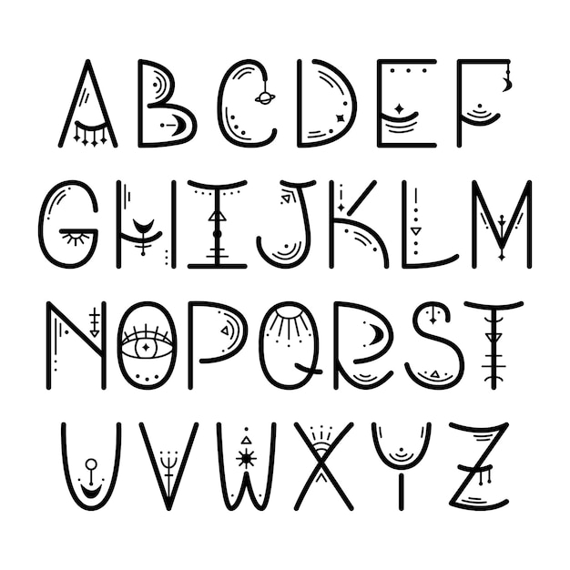 English alphabet in mystery astrological style. Magical outline letters.