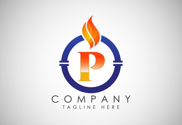 火の炎とパイプを持つ英語のアルファベット P 石油・ガス業界のロゴのデザイン コンセプト