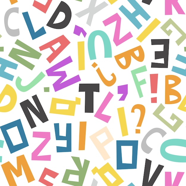 Vector english alphabet random cut out letters seamless pattern background of simple multicolored simple