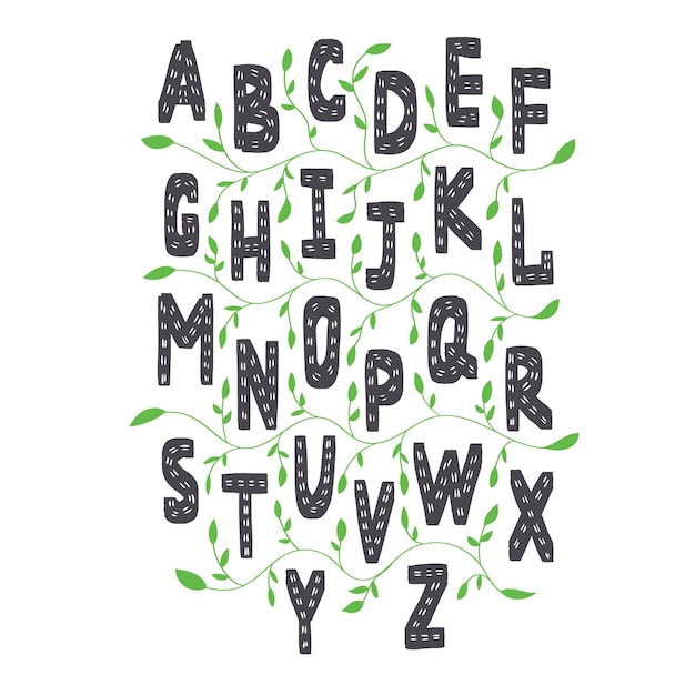 Alfabeto inglese in stile scandinavo. lettere inglesi vettoriali per bambini che imparano con elementi di piante verdi