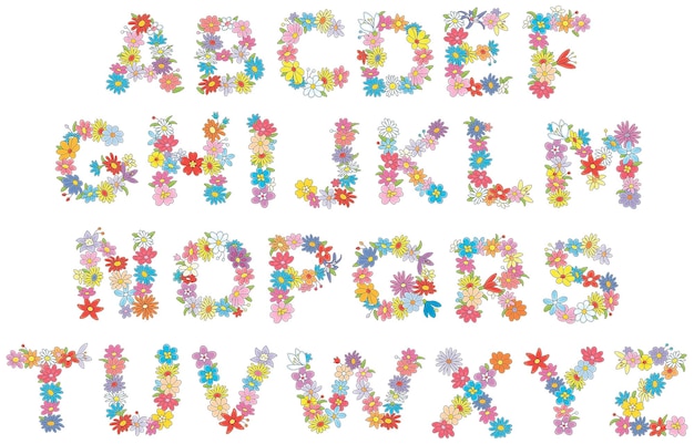 English alphabet summer floral font with colorful flowers set of vector cartoon illustrations