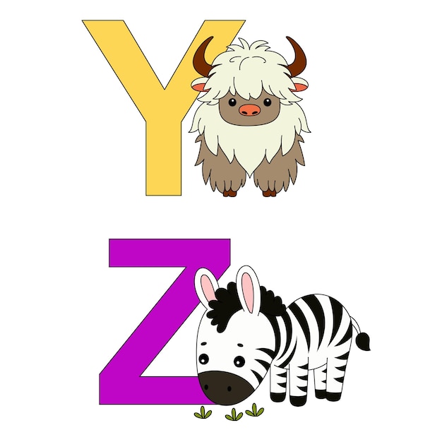 English alphabet with cute animals in cartoon style for kids