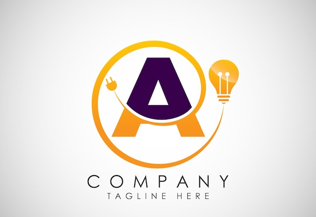 english alphabet a with electric bulb and plug electricity industrial and technology logo