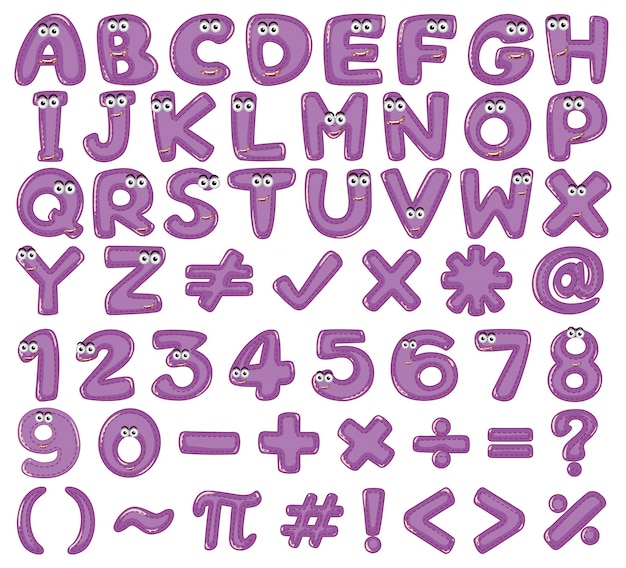 English alphabets and numbers in purple