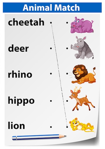Premium Vector | English animal matching worksheet Premium Vector | English animal matching worksheet