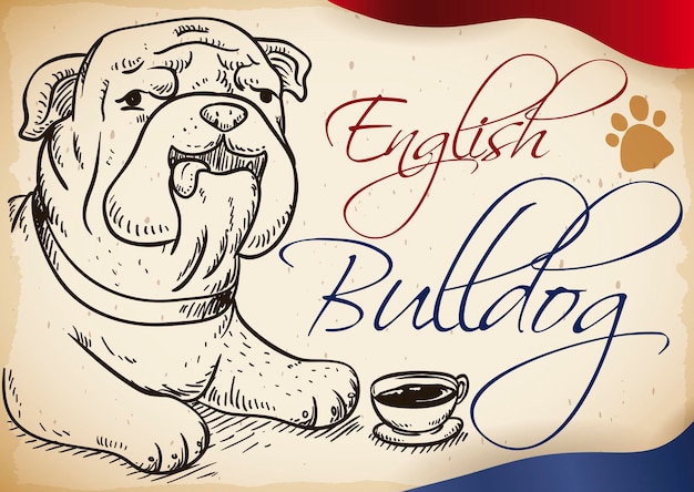 English bulldog in hand drawn style ready for tea time