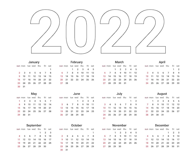 2022년 영어 달력, 달력입니다. 벡터 일러스트 레이 션