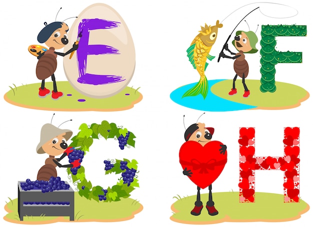 Vettore alfabeto inglese per bambini, uova, pesce, uva, cuore simpatico insetto formica aiuta a imparare le lettere inglesi