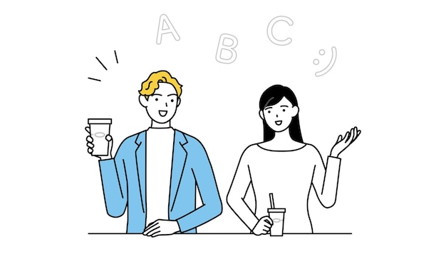 Vector english conversation japanese woman speaking english with a white man at a cafe