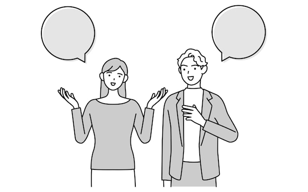 Vector english conversation japanese woman speaking english with a white man with speech balloon