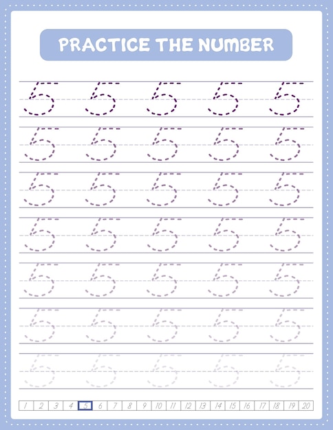 English cursive number tracing handwriting Practice worksheet with arrow direction number 5