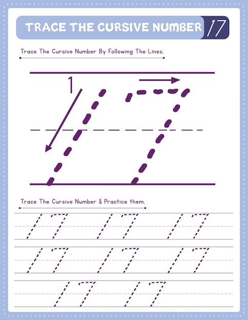 English Cursive Number Tracing Handwriting Worksheet With Arrow Direction Number 17