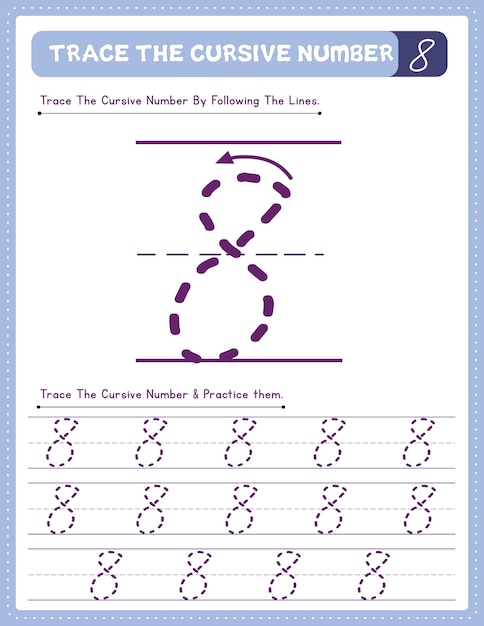 Vector english cursive number tracing handwriting worksheet with arrow direction number 8