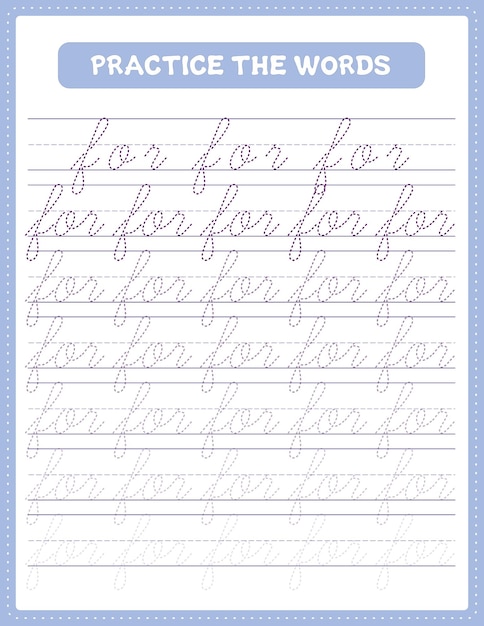 Vector english cursive word tracing handwriting practice worksheet for 3-5 year old kids.