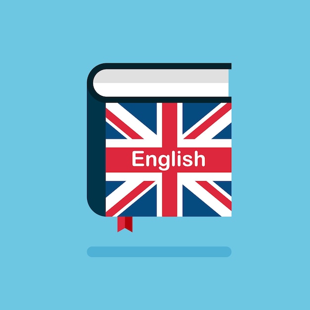 英語辞書アイコン。イギリスの旗が付いているハードカバーの本。外国語を学ぶ。ベクター。