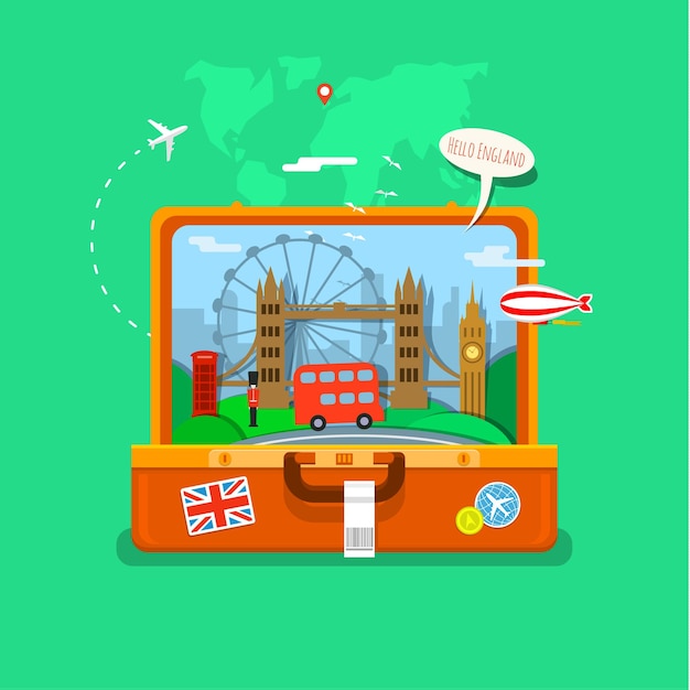 English flag with landmarks in open suitcase.