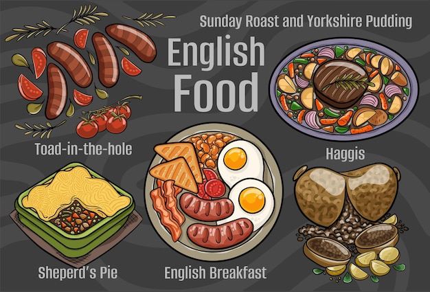 벡터 영국 음식 고전 요리 세트 만화 손으로 그린 그림
