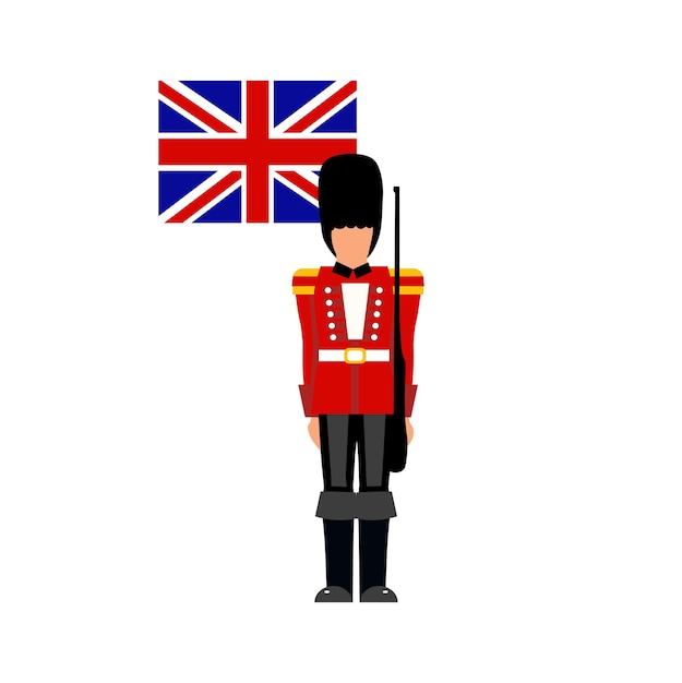 Vector the english guardsman stylized soldier and flag vector flat illustration cartoon style