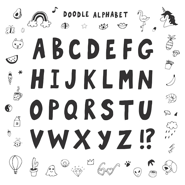 Английский алфавит ручной работы с набором иллюстраций каракулей