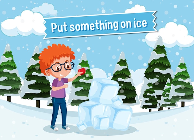 Vector english idiom with picture description for put something on ice