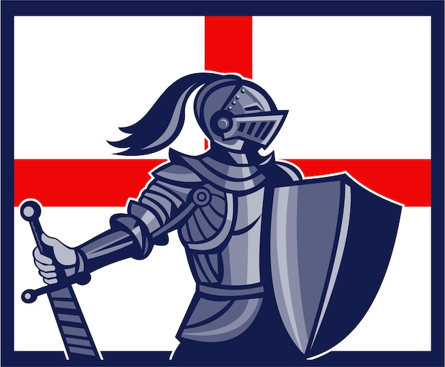 Vector english knight holding sword england flag retro