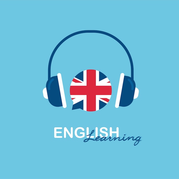 English language course. Online learning and distance education. Headphones with speech bubble.