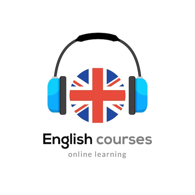 Vector english language learning logo icon with headphones creative english