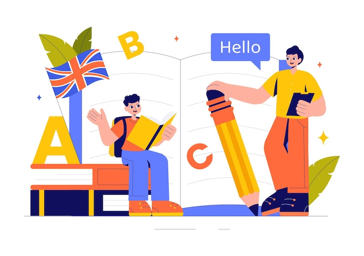 Vector english language vector illustration featuring students studying foreign languages global communication and elementary grammar lessons background