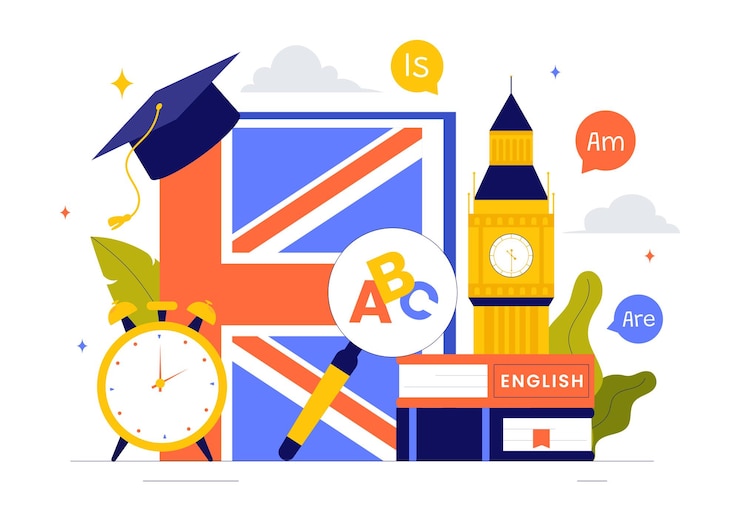Vector english language vector illustration featuring students studying foreign languages global communication and elementary grammar lessons background