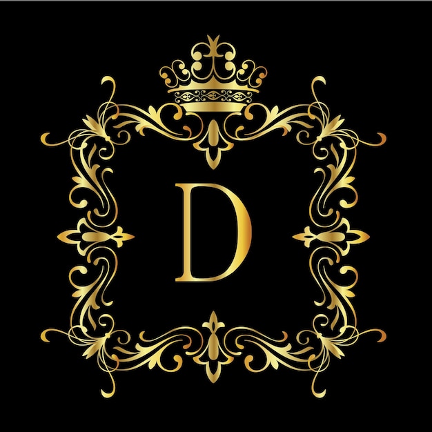 English Letter D with Vintage Gold floral Frame Typographical vectors