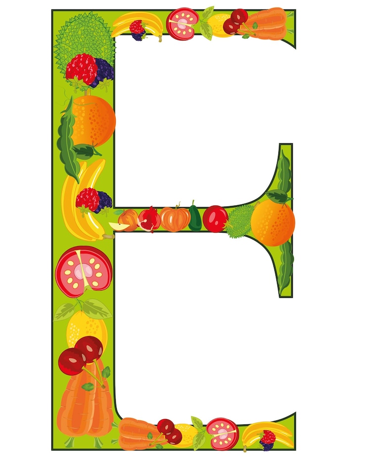 Vector 英字 e の装飾が施された果物と野菜