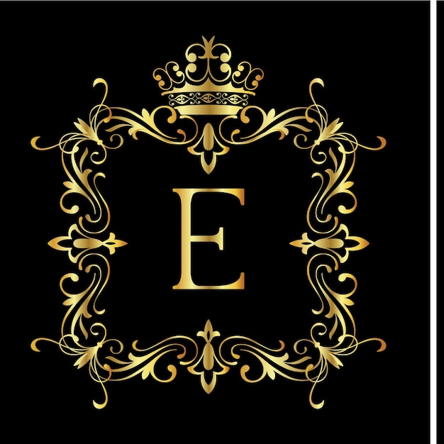 English Letter E with Vintage Gold floral Frame Typographical vectors