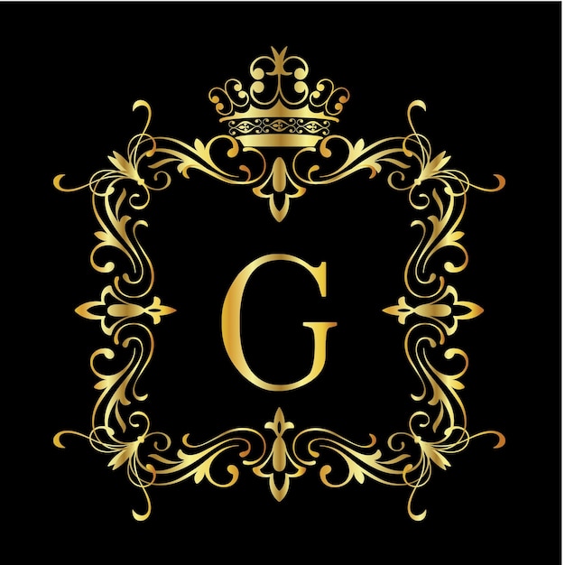 Английская буква G с винтажной золотой цветочной рамкой Типографские векторы