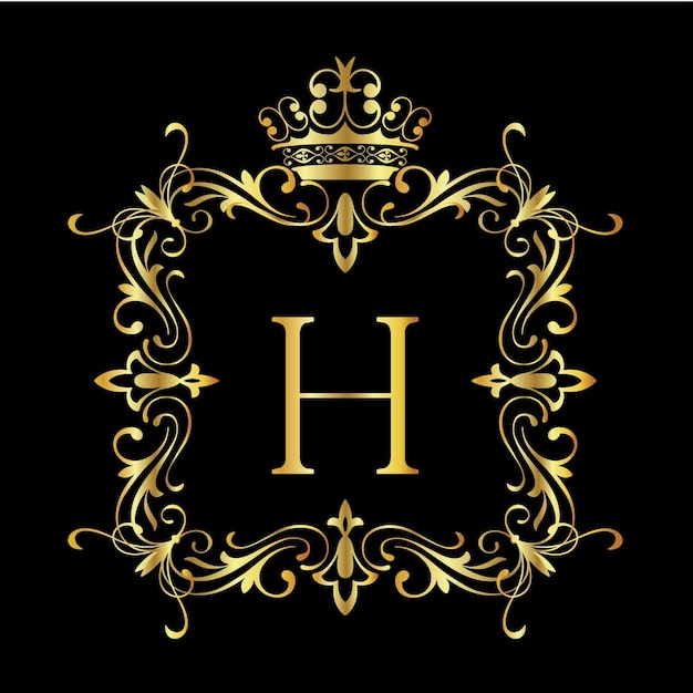 Английская буква H с винтажной золотой цветочной рамкой Типографские векторы