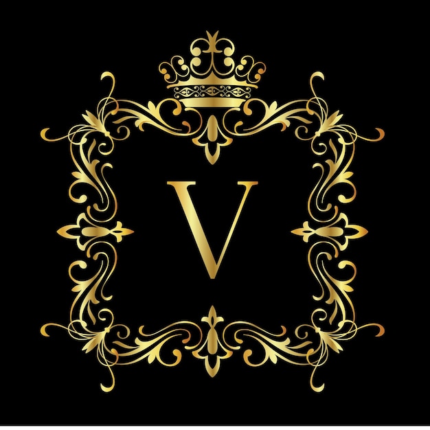 Английская буква V с винтажной золотой цветочной рамкой Типографские векторы
