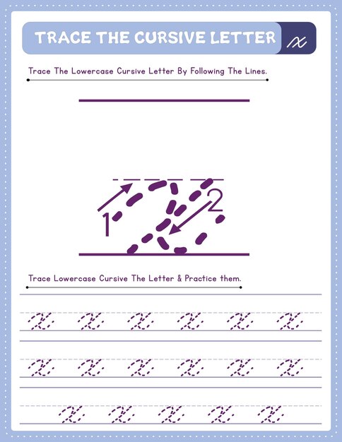 Vector english lowercase cursive letter tracing handwriting worksheet and arrow direction alphabet x
