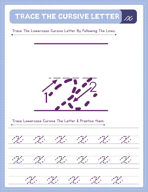 Vector english lowercase cursive letter tracing handwriting worksheet and arrow direction alphabet x