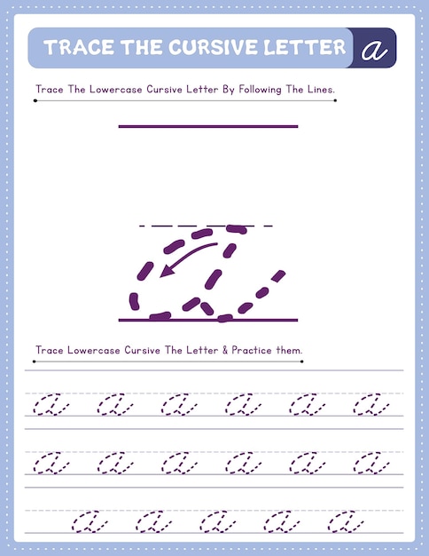 Vector english lowercase cursive letter tracing handwriting worksheet and arrow direction alphabet a