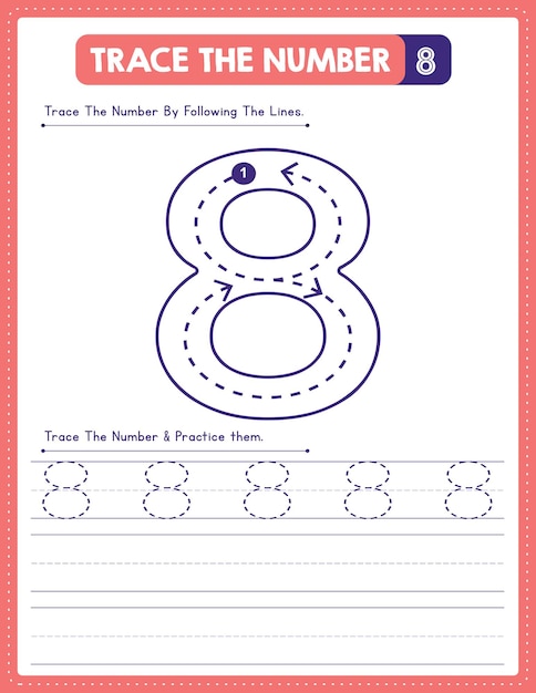 English Number Tracing Handwriting Practice Worksheet With Arrow Direction Number 8