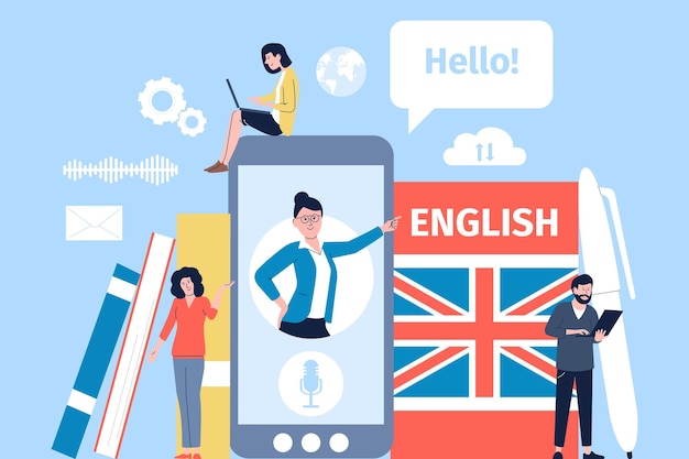 English online learning Student using mobile app people group and digital education Person use phone translate foreign language lesson recent vector scene of english student online illustration