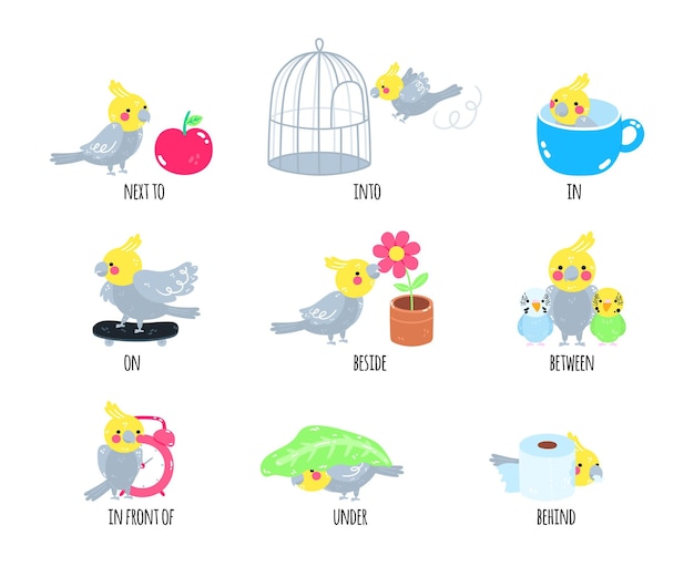 Vector english prepositions for kindergarten kids