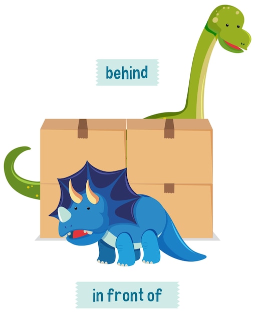 Vector english prepositions with dinosaurs behide and front of boxes