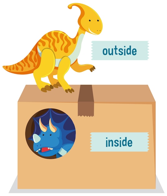 English prepositions with dinosaurs in and out of boxes