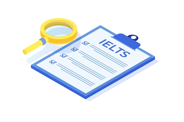 영어 능력 시험 및 시험 IELTS 국제 영어 시험 시스템 아이소메트릭 벡터 그림