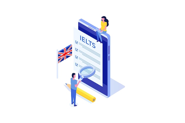 English proficiency test and exam ielts international english language testing system isometric vector illustration