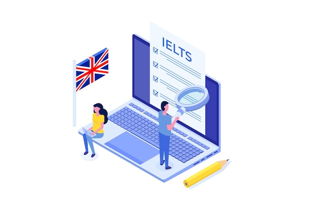 영어 능력 시험 및 시험 IELTS 국제 영어 시험 시스템 아이소메트릭 벡터 그림