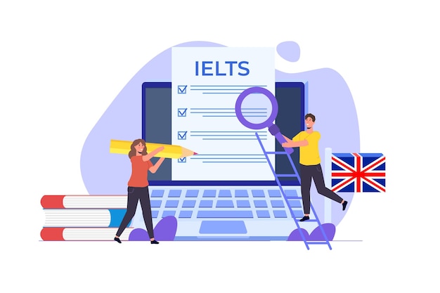 Test ed esame di conoscenza della lingua inglese ielts international english language testing system vector illustration