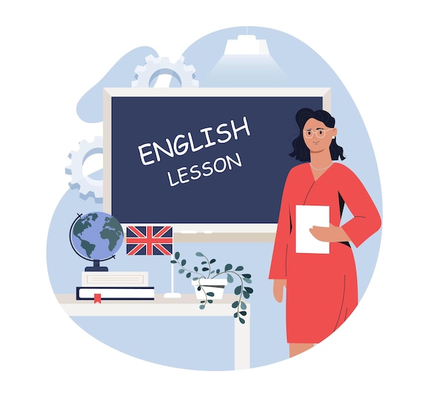 Vector english teacher at blackboard